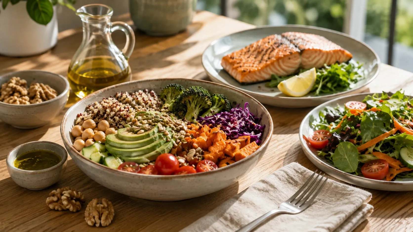 Refeição equilibrada com peixe, abacate, sementes, nozes, vegetais e azeite como fontes variadas de gorduras insaturadas.