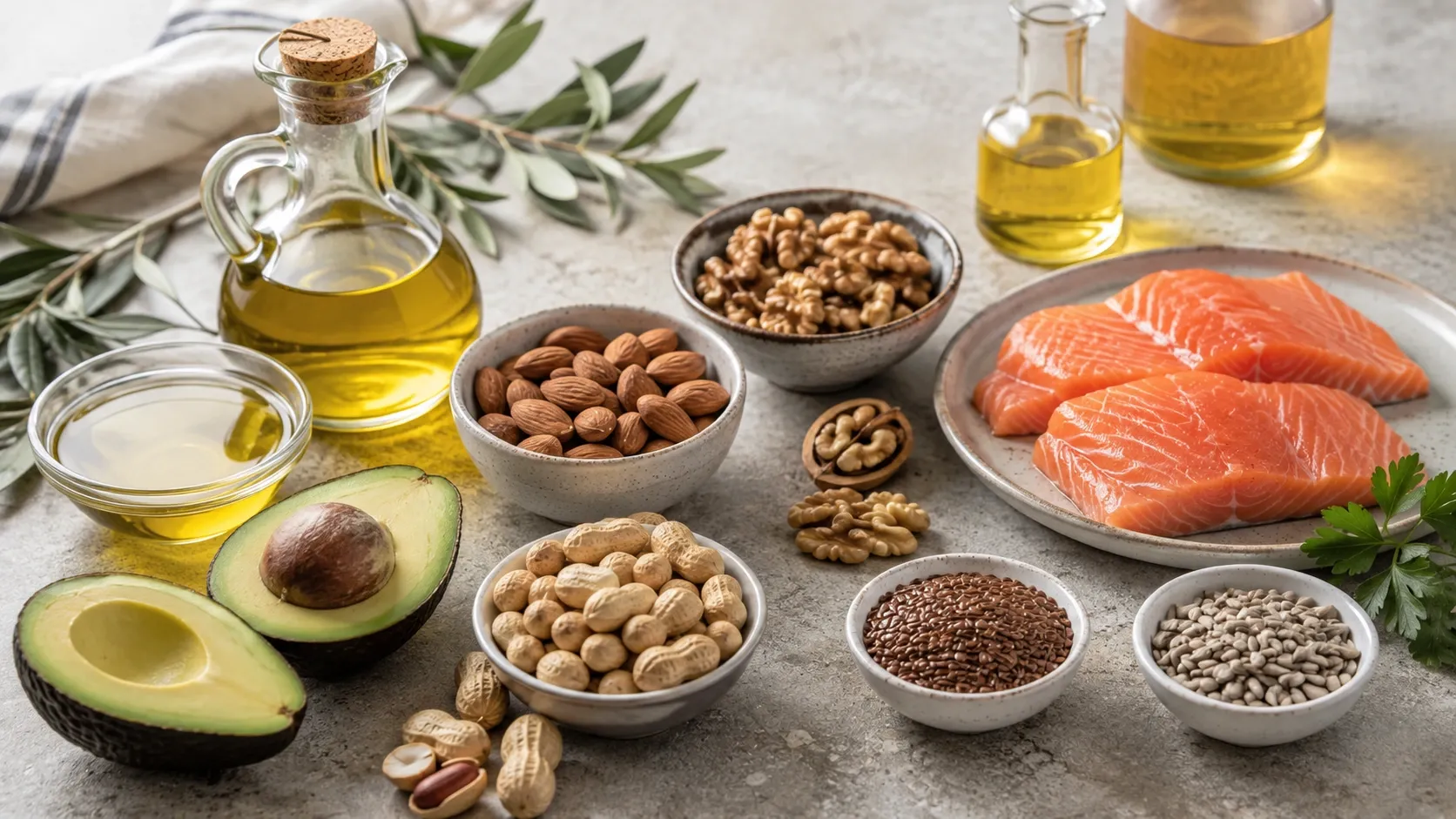 Azeite, abacate, nozes, sementes e peixe dispostos sobre uma mesa, representando diferentes fontes de gorduras insaturadas.