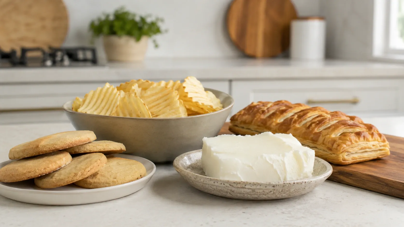 Biscoitos, massa assada, alimento frito e gordura sólida dispostos em uma composição editorial.