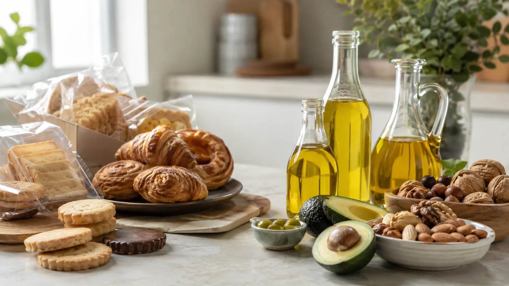 Alimentos e fontes de gorduras dispostos sobre uma mesa, contrastando produtos processados e óleos vegetais.