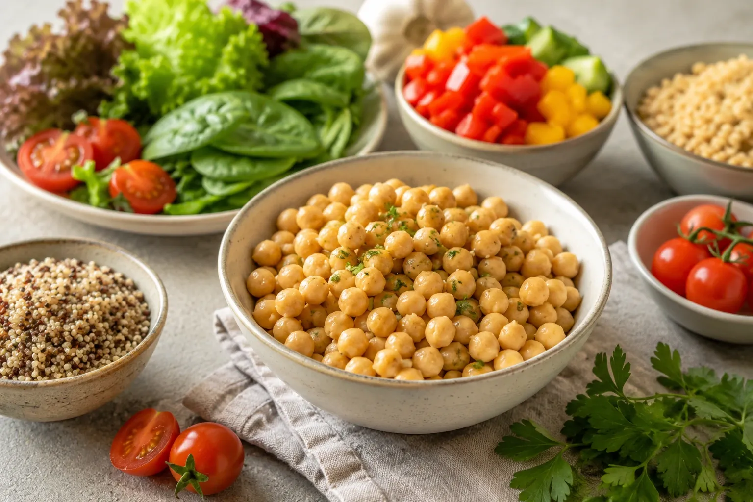 Grão-de-bico cozido servido com vegetais, cereais e ervas que compõem uma refeição variada.