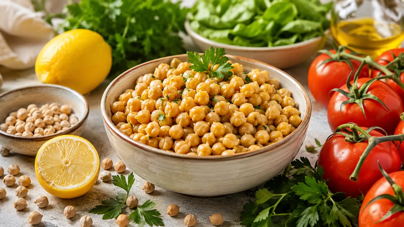 Tigela com grão-de-bico cozido acompanhada de vegetais, ervas e ingredientes naturais sobre uma mesa clara.
