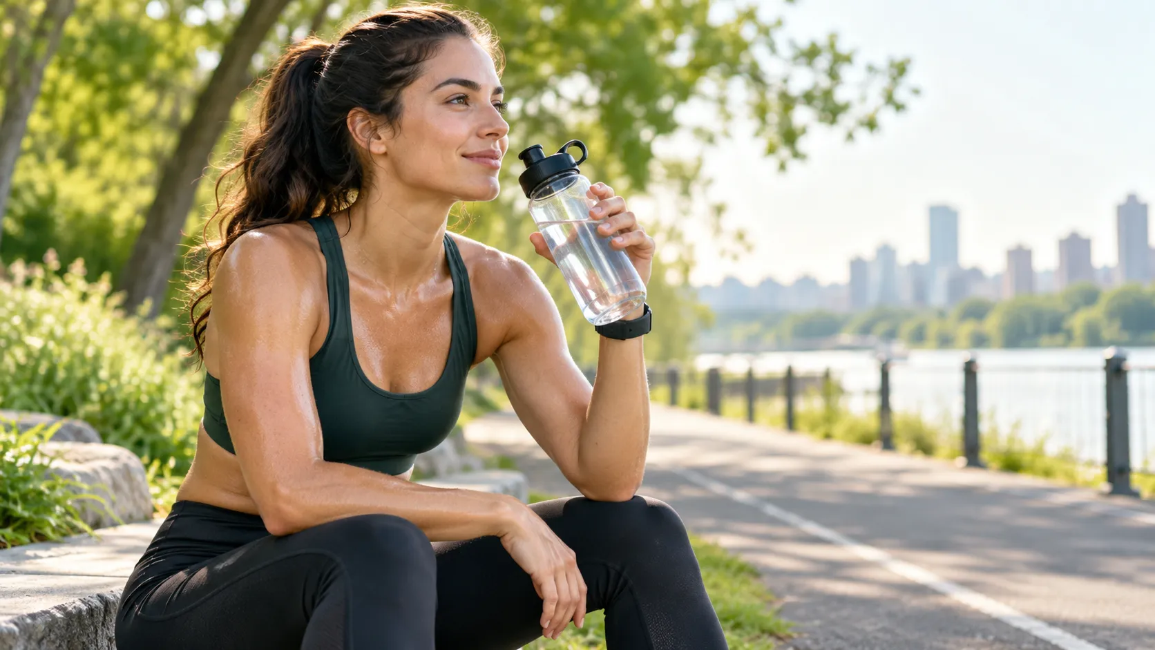 Pessoa fisicamente ativa bebendo água durante uma pausa no exercício ao ar livre.