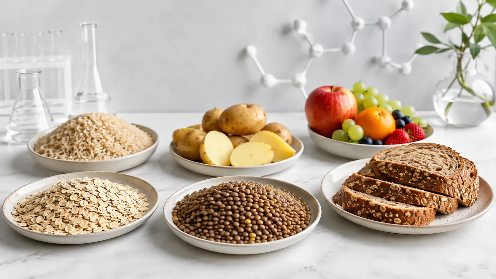 Porções de diferentes alimentos ricos em carboidratos organizadas lado a lado para representar a comparação da resposta glicêmica.