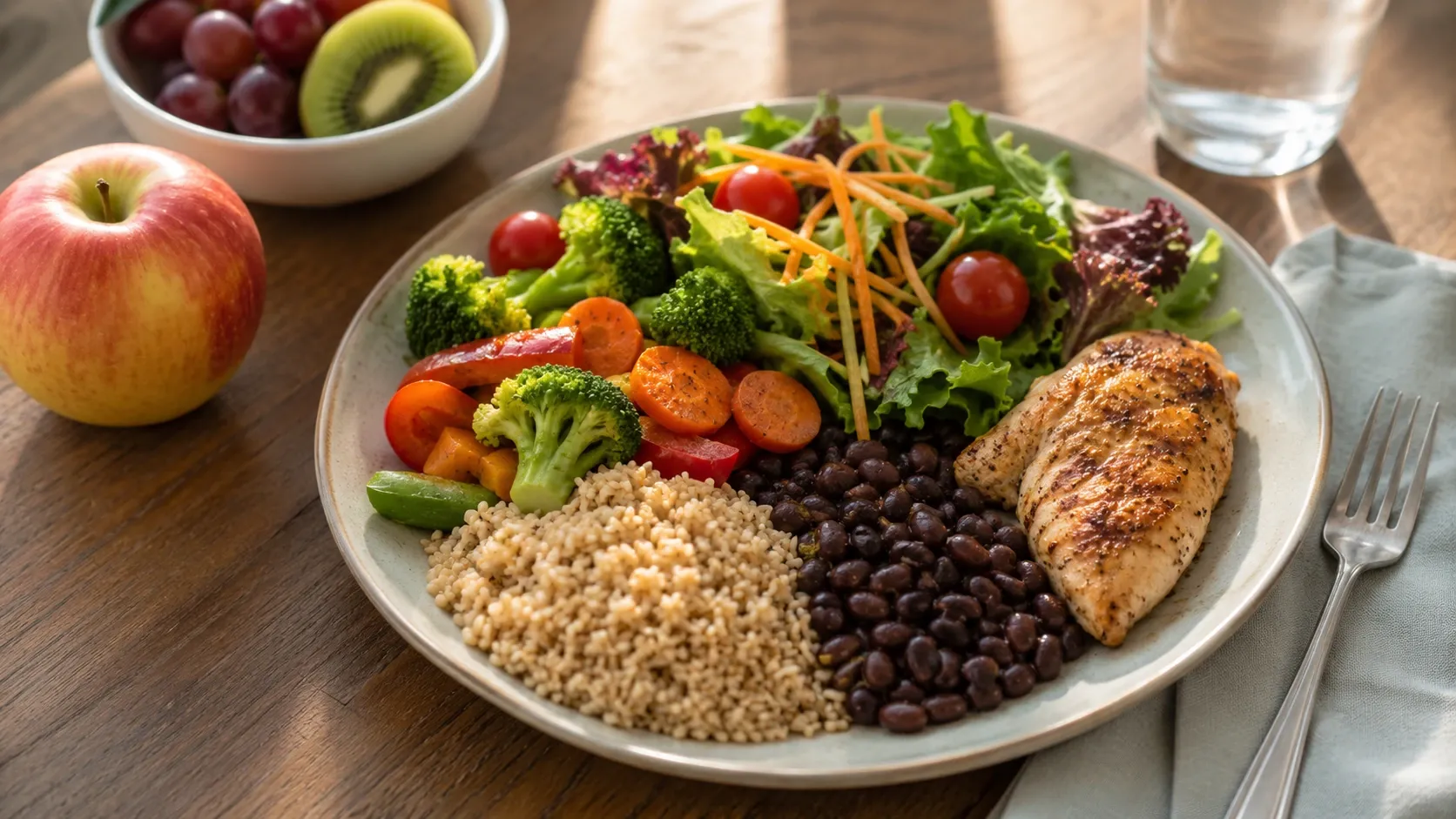 Prato equilibrado com grãos integrais, leguminosas, vegetais e uma fonte de proteína.
