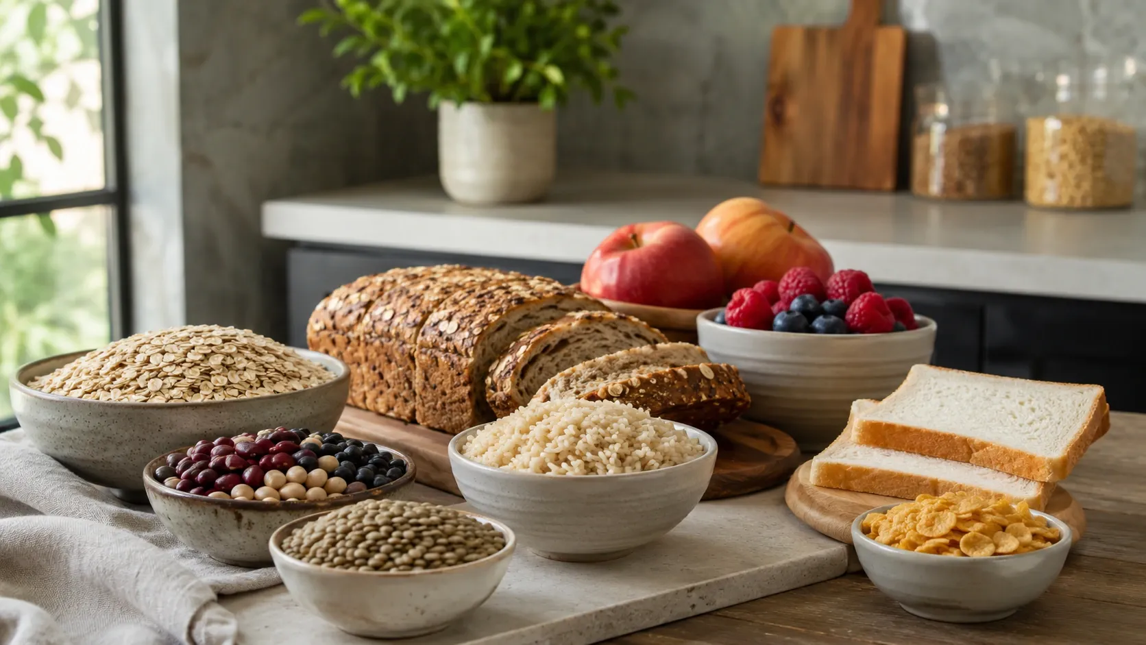 Mesa com diferentes fontes de carboidratos integrais, frutas, leguminosas e alimentos refinados organizados em uma composição editorial.