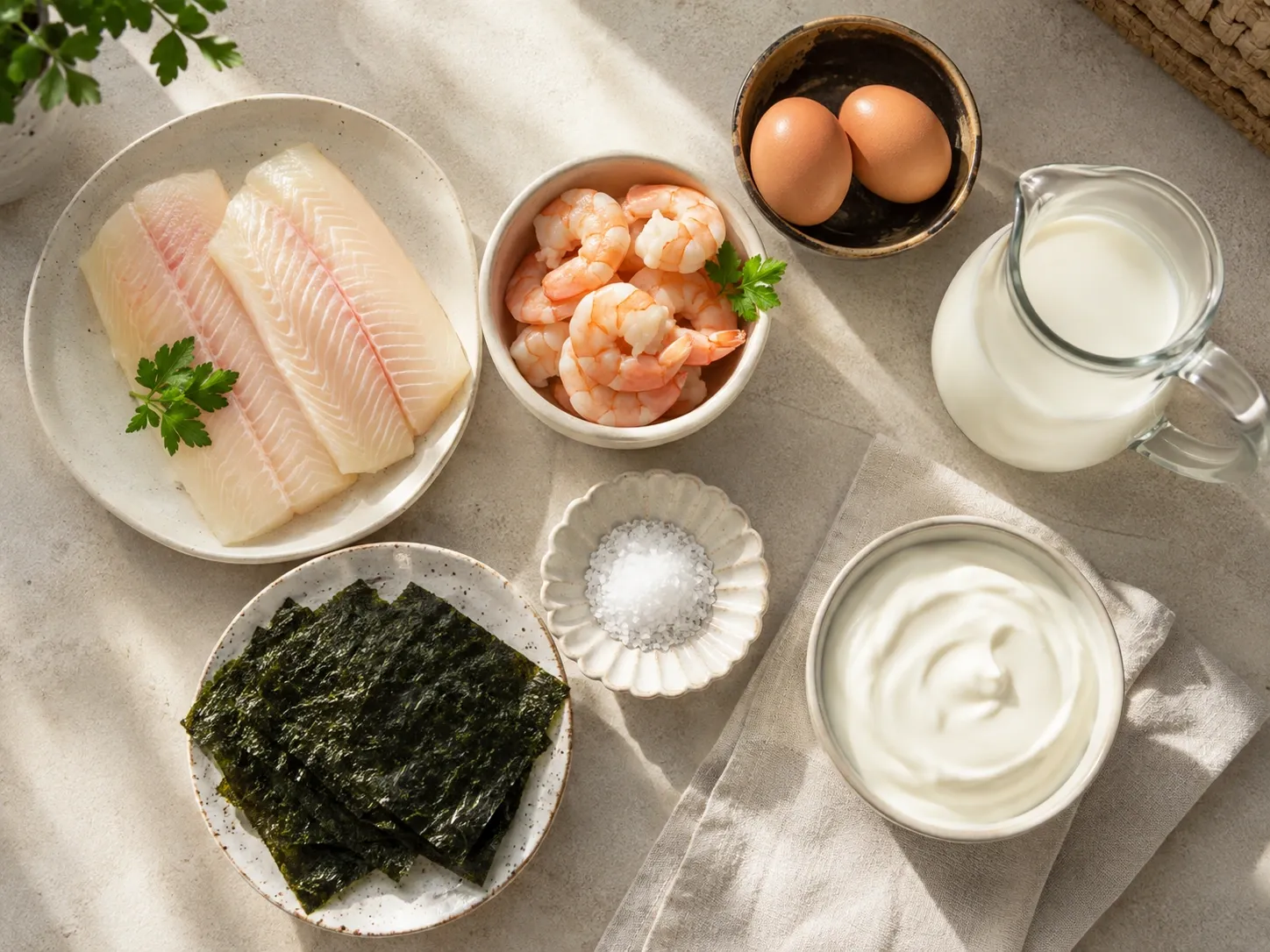 Seleção de alimentos fontes de iodo, incluindo peixe, frutos do mar, ovos, laticínios, sal e algas.