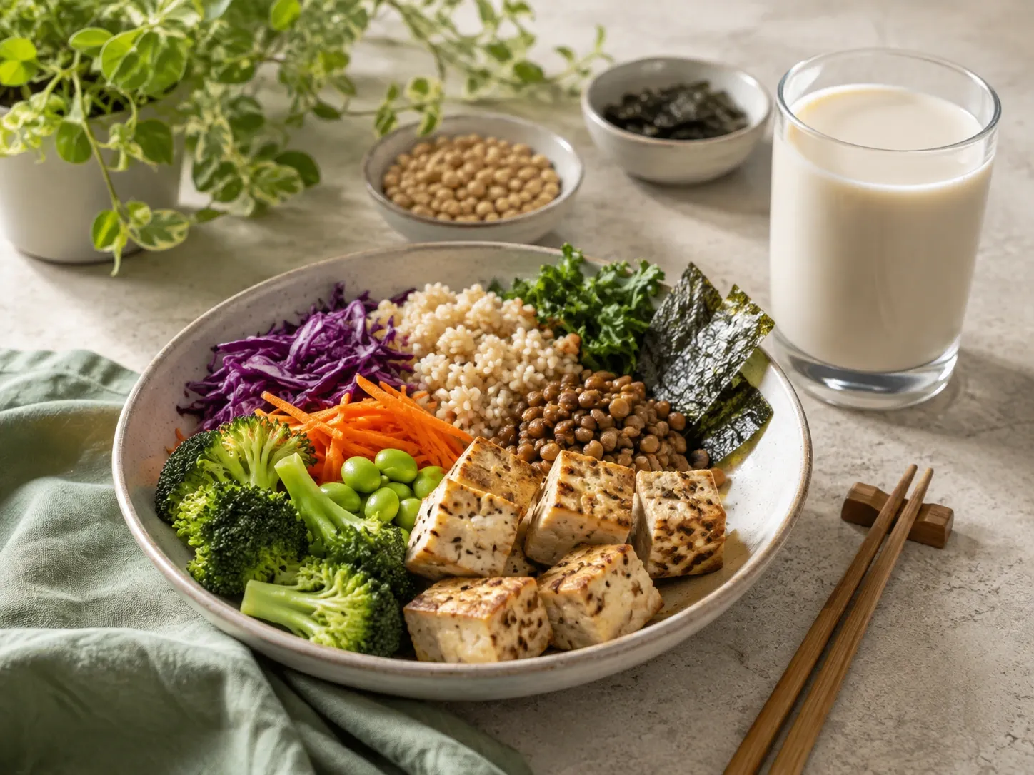 Refeição vegetal variada acompanhada de alga nori e bebida vegetal fortificada.