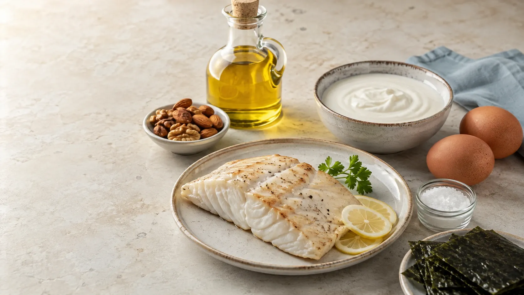 Alimentos fontes de iodo, como peixe, ovos, laticínios e sal iodado, organizados sobre uma mesa clara.