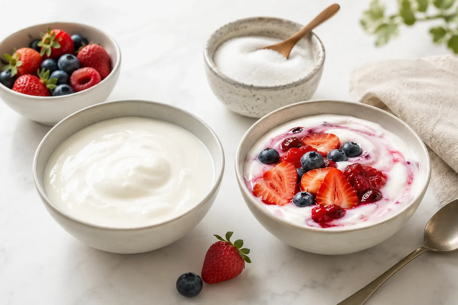 Duas porções de iogurte lado a lado, representando uma opção natural sem açúcar e outra adoçada com preparação de frutas.