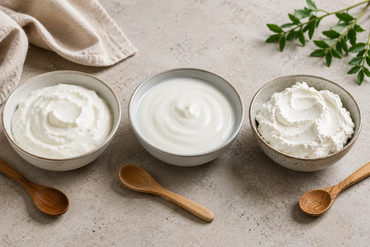 Três tigelas mostram diferentes texturas de iogurte natural, incluindo uma versão mais espessa no estilo grego.