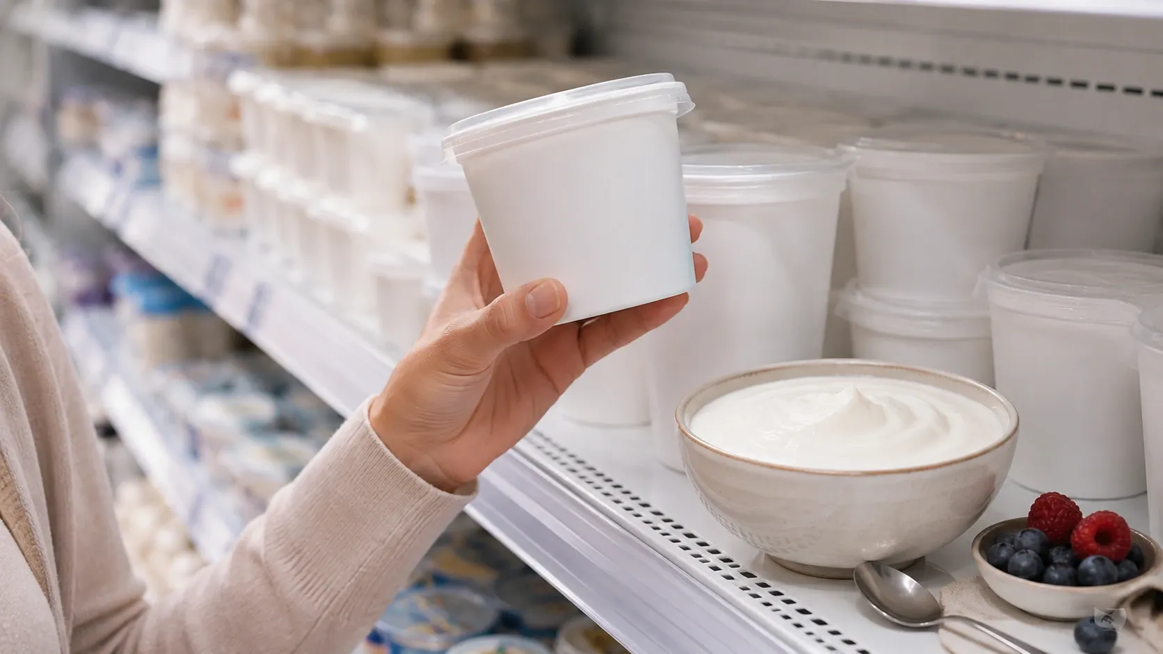 Potes de iogurte natural ao lado de frutas frescas e uma colher, em uma bancada clara de supermercado ou cozinha.
