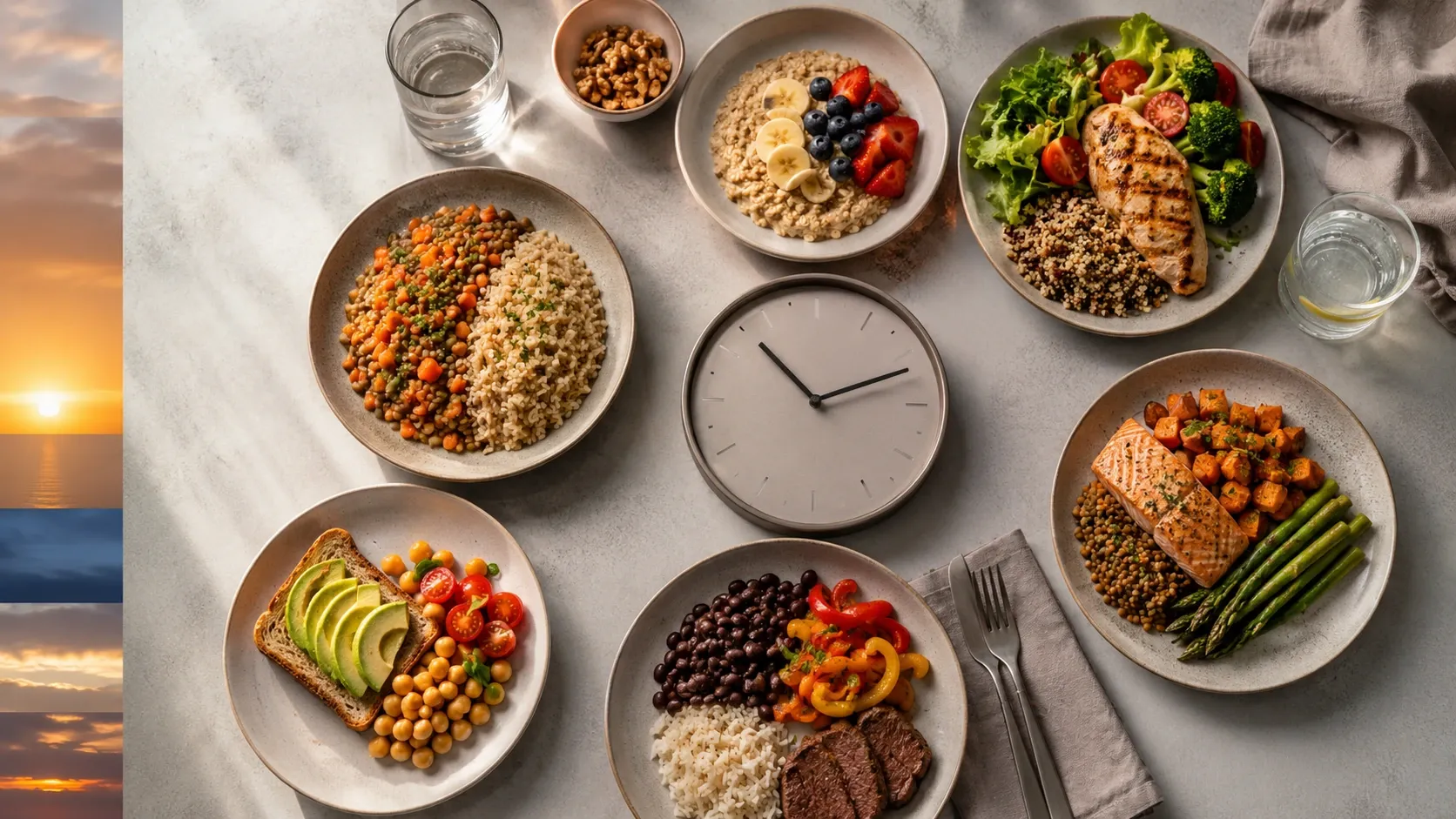Refeições equilibradas dispostas sobre uma mesa ao lado de um relógio, representando uma janela diária de alimentação.