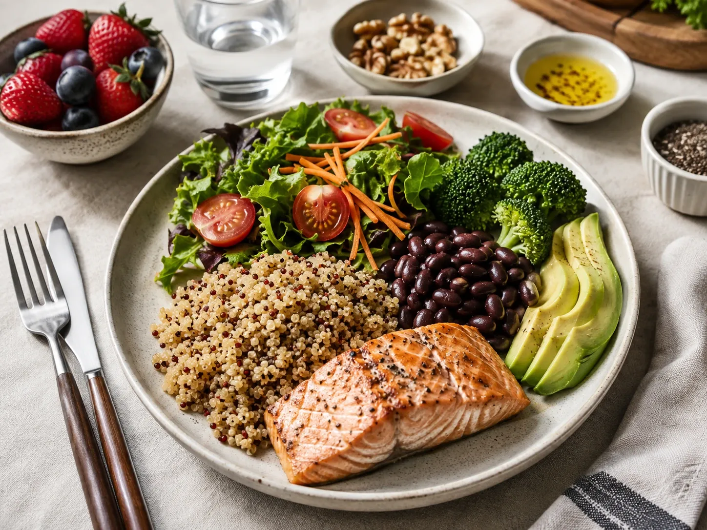 Refeição colorida com vegetais, leguminosas, grãos integrais, frutas e uma fonte de proteína.
