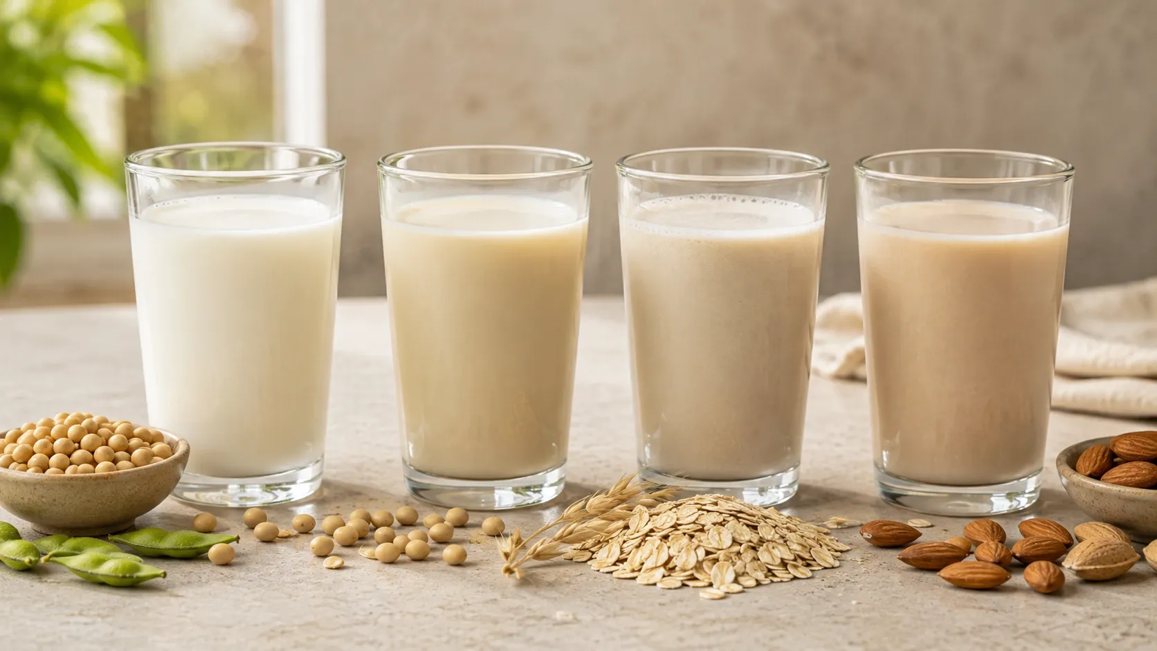 Copo de leite de vaca ao lado de bebidas vegetais acompanhadas de soja, aveia e amêndoas.