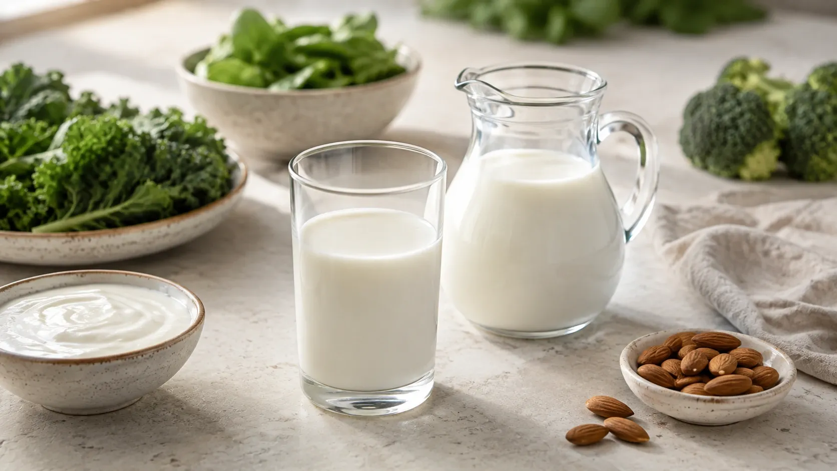 Copo de leite ao lado de uma pequena jarra e alimentos fontes de cálcio sobre uma mesa clara.