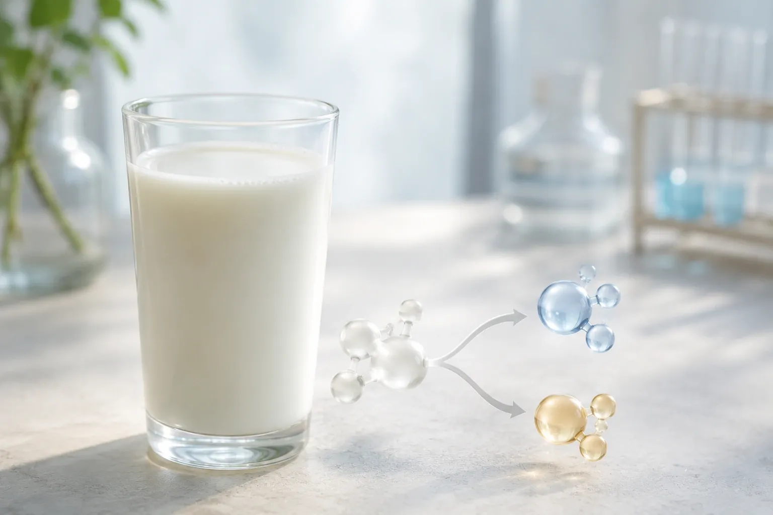 Copo de leite em uma composição visual que representa a quebra da lactose em açúcares menores.