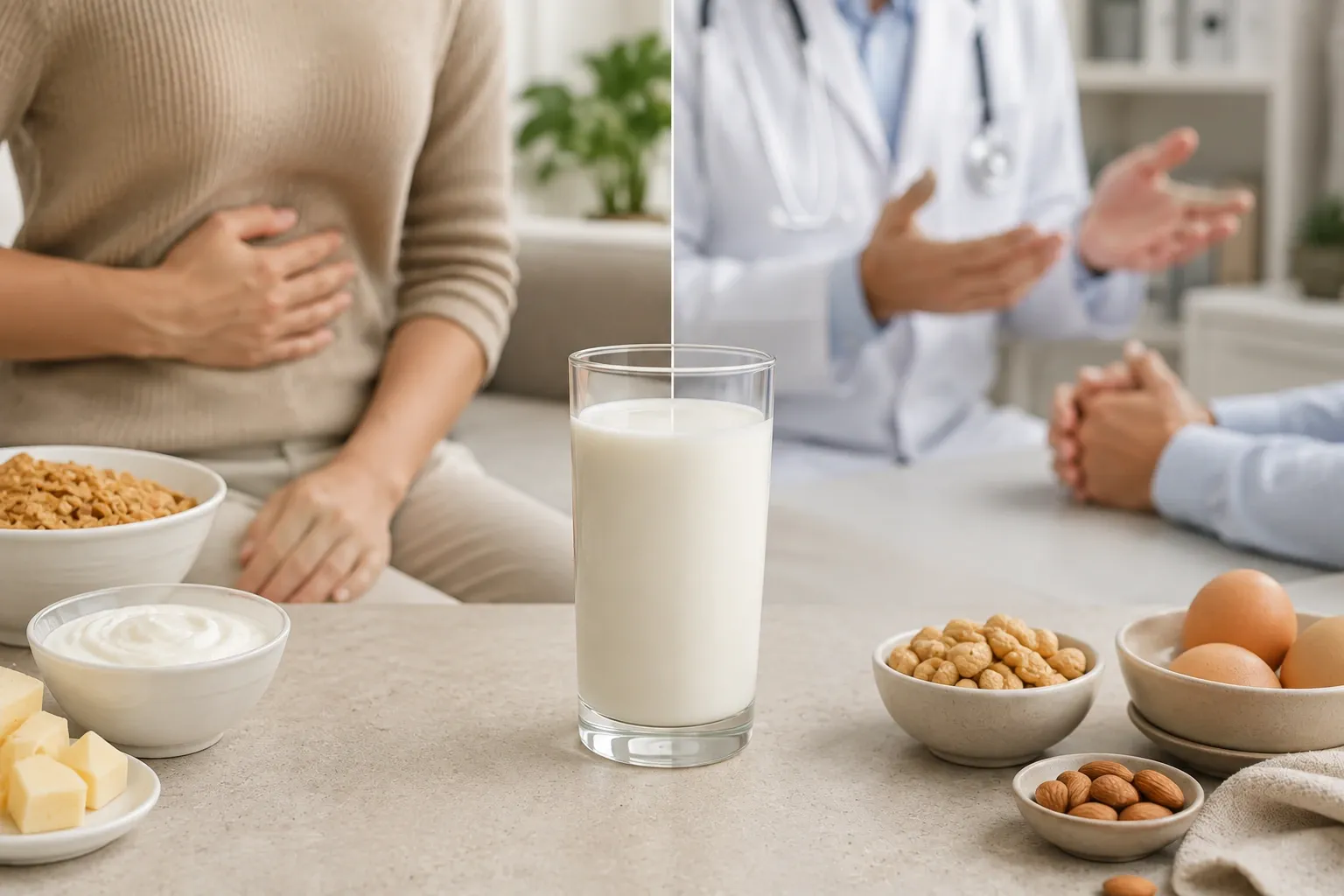 Composição conceitual diferenciando desconforto digestivo por lactose de uma consulta relacionada à alergia ao leite.