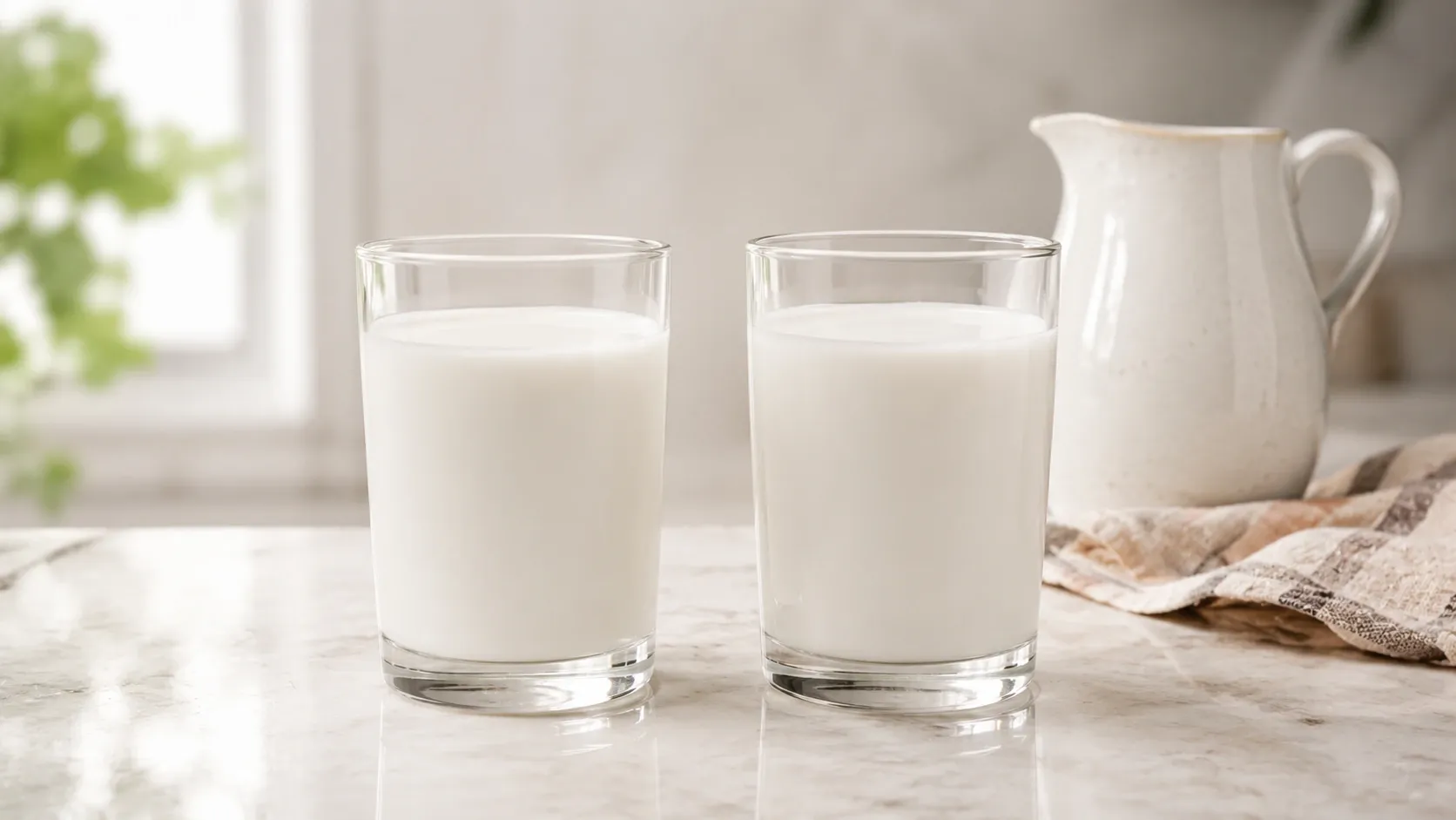 Dois copos de leite lado a lado, representando as versões convencional e sem lactose em uma comparação visual simples.