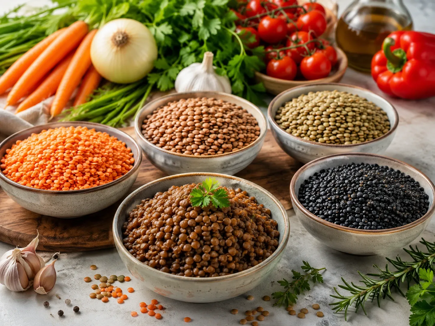 Tigelas com lentilhas marrons, verdes, vermelhas e pretas, apresentadas em versões secas e cozidas.