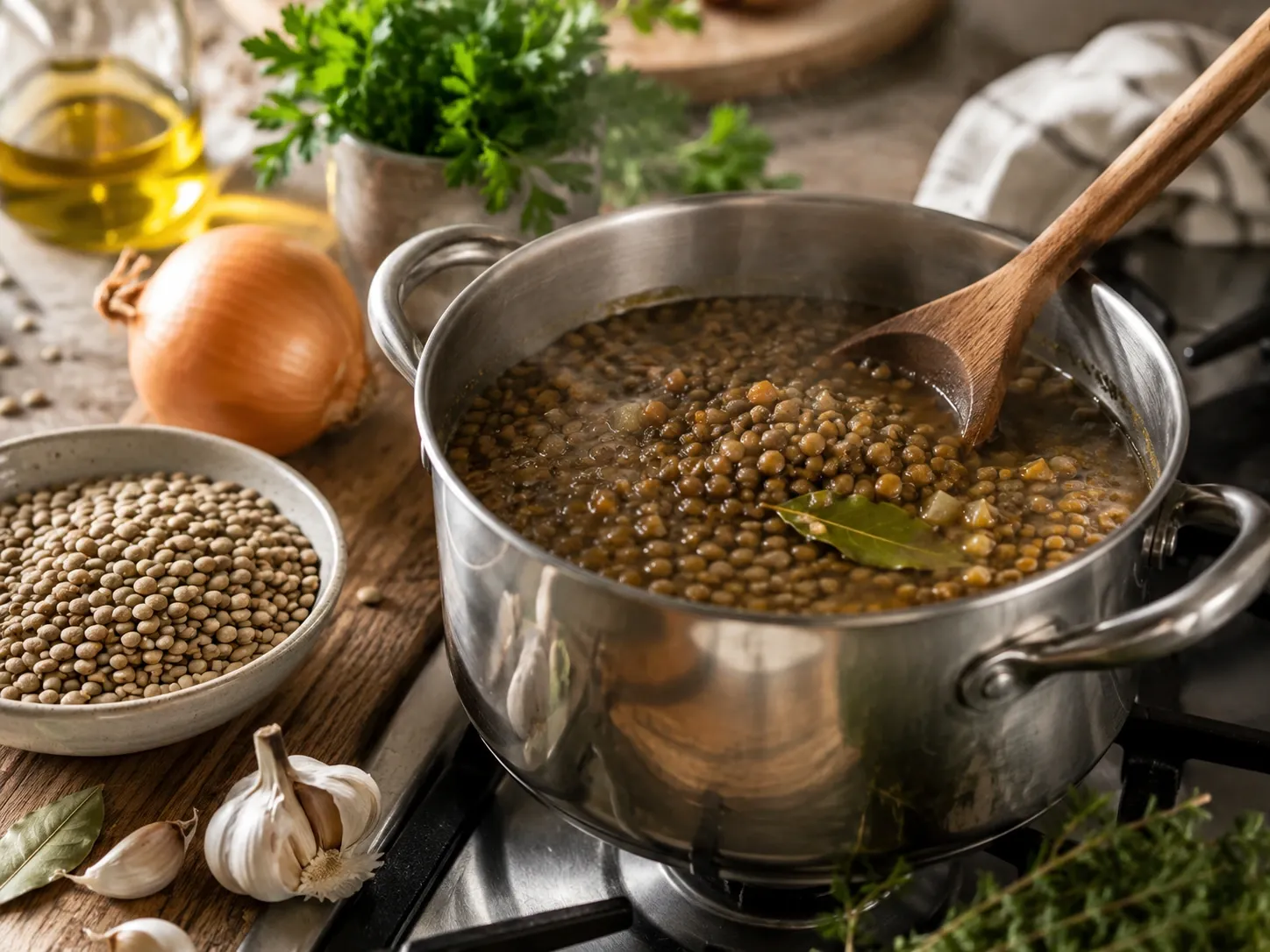 Lentilhas cozinhando em panela acompanhadas de alho, cebola, louro e ervas frescas.