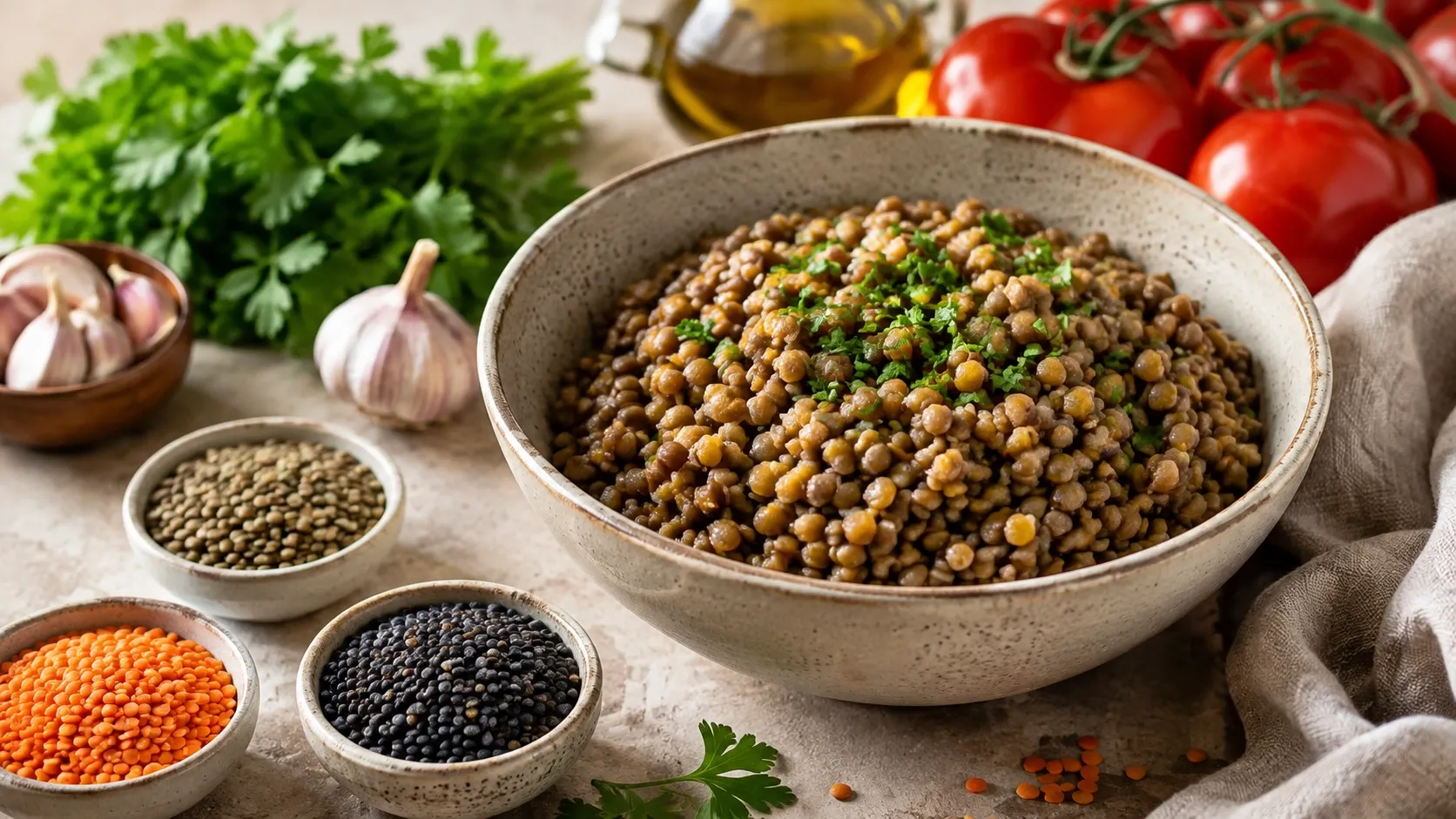Tigela com lentilhas cozidas acompanhada de lentilhas secas e ingredientes frescos usados no preparo.