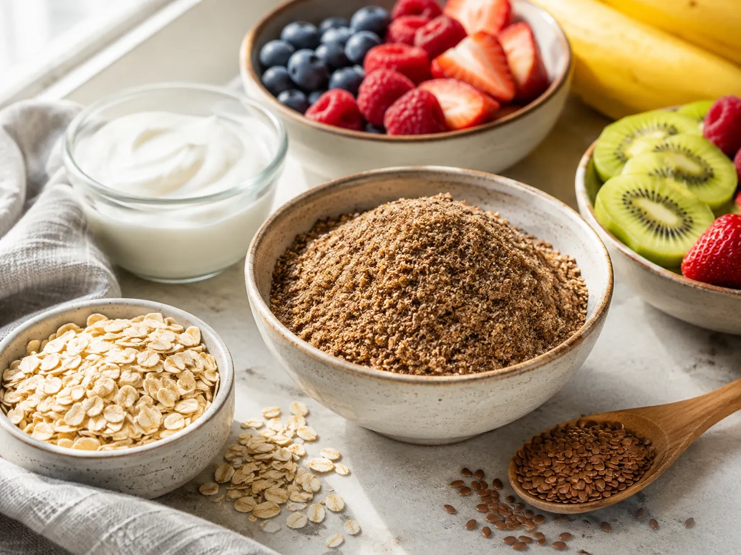 Linhaça moída ao lado de aveia, iogurte e frutas em uma preparação de café da manhã.