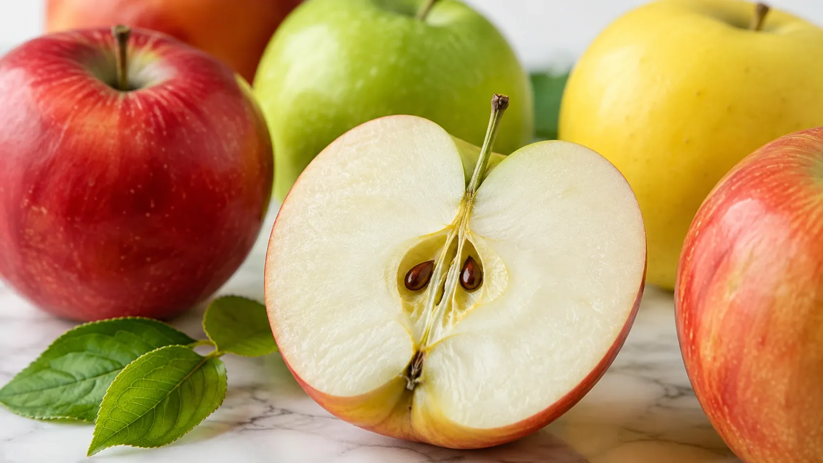 Maçã cortada mostrando a casca e a polpa ao lado de frutas inteiras de diferentes variedades.