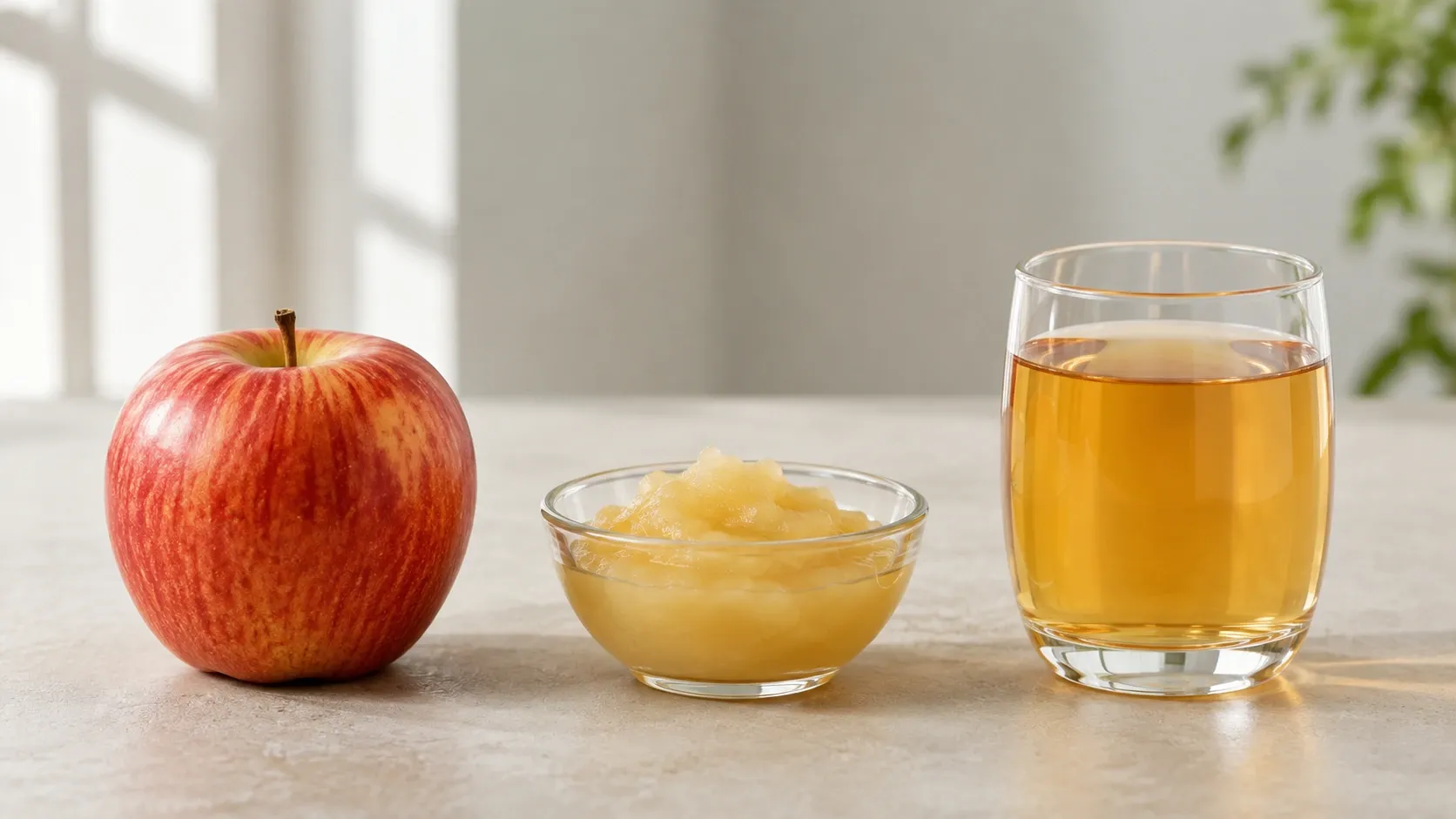 Comparação visual entre maçã inteira, purê de maçã e um copo de suco de maçã.