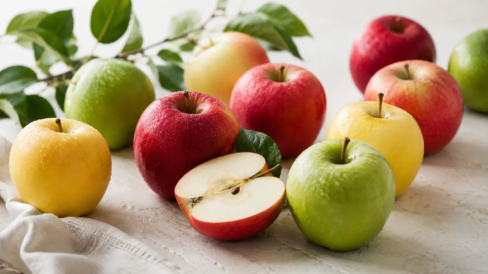 Maçãs vermelhas e verdes inteiras e cortadas sobre uma superfície clara, destacando casca, polpa e aparência natural da fruta.