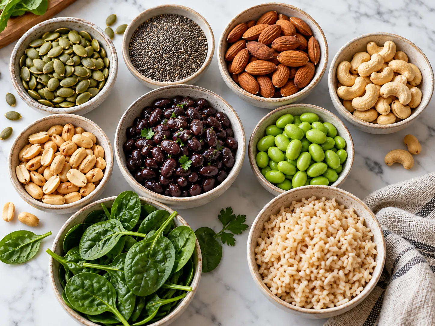 Tigelas com sementes, castanhas, feijão, edamame, espinafre e arroz integral, alimentos naturalmente ricos em magnésio.