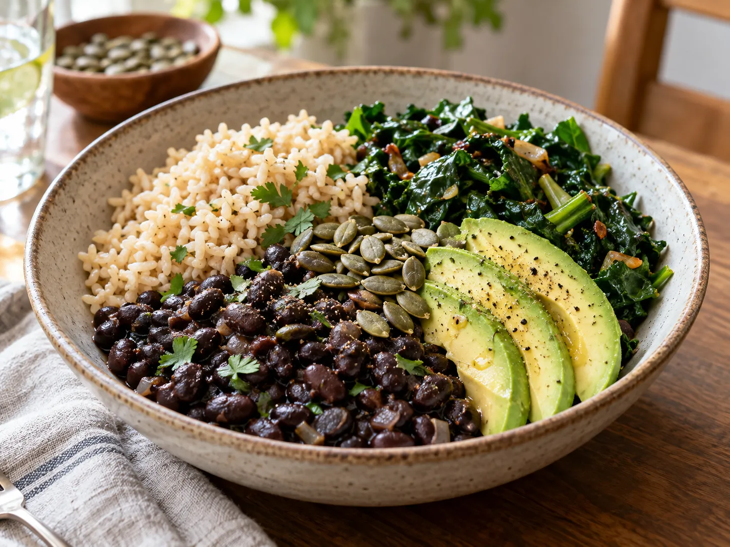 Refeição com arroz integral, feijão-preto, folhas verdes, abacate e sementes de abóbora.