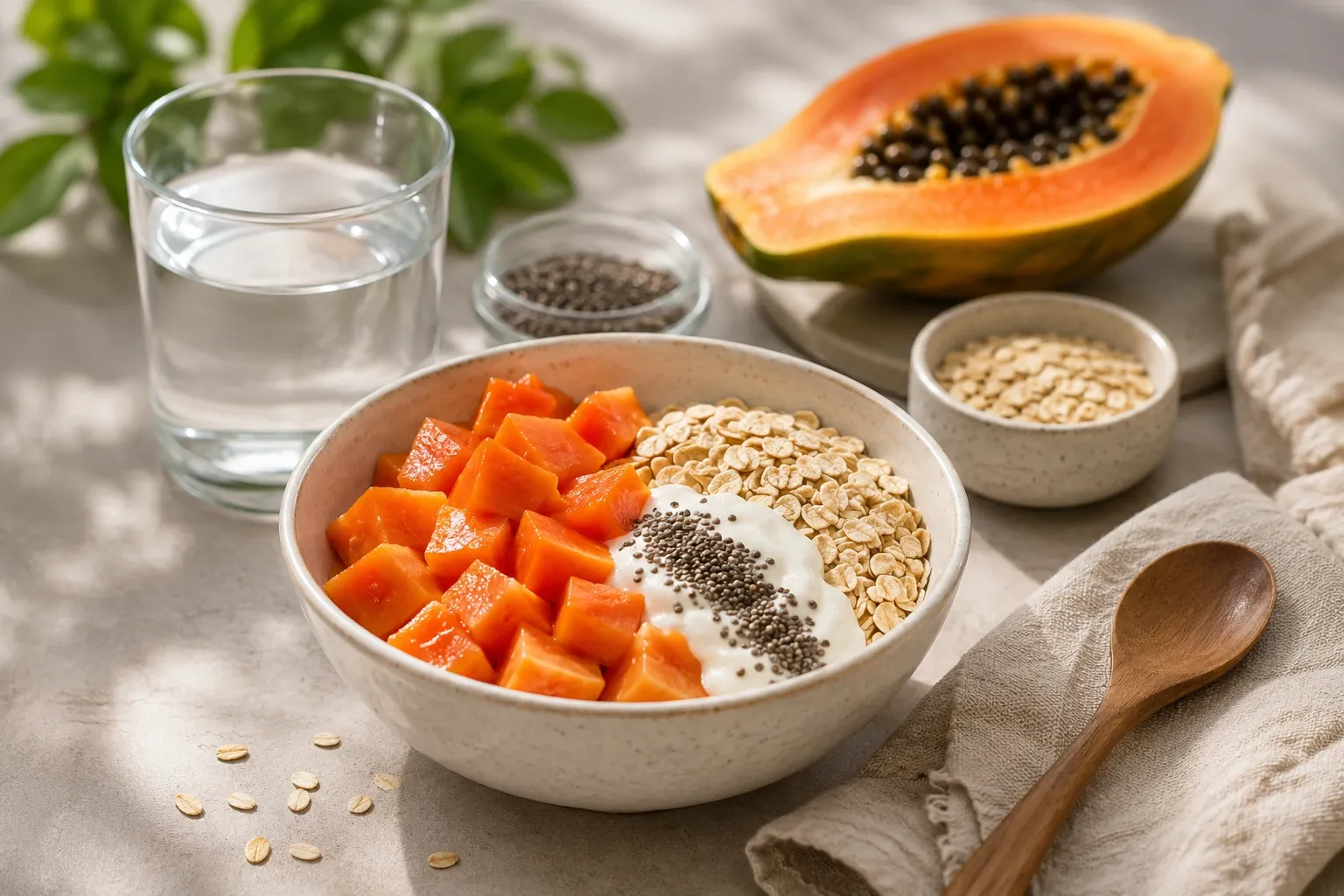Tigela de mamão com aveia, chia e iogurte ao lado de um copo de água.