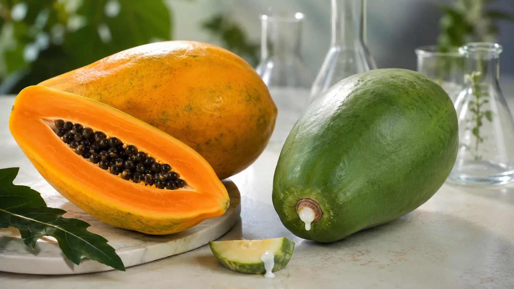 Mamão maduro e mamão verde lado a lado em uma composição relacionada às enzimas da fruta.