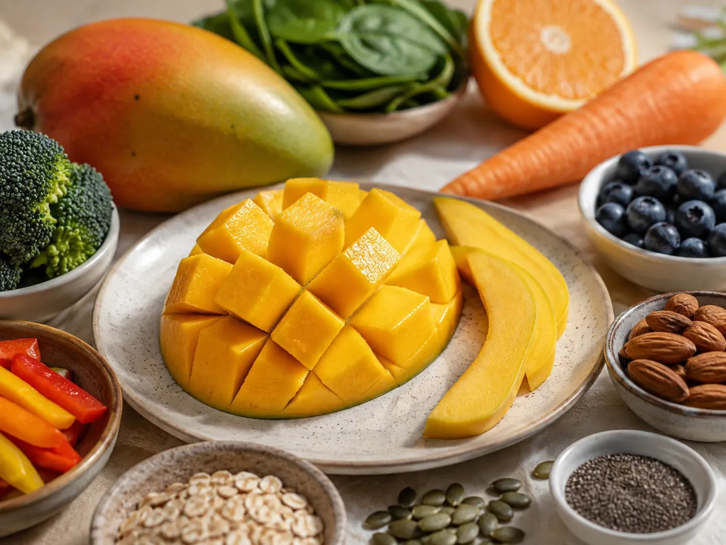 Manga fatiada apresentada em uma composição com alimentos frescos de uma alimentação equilibrada.