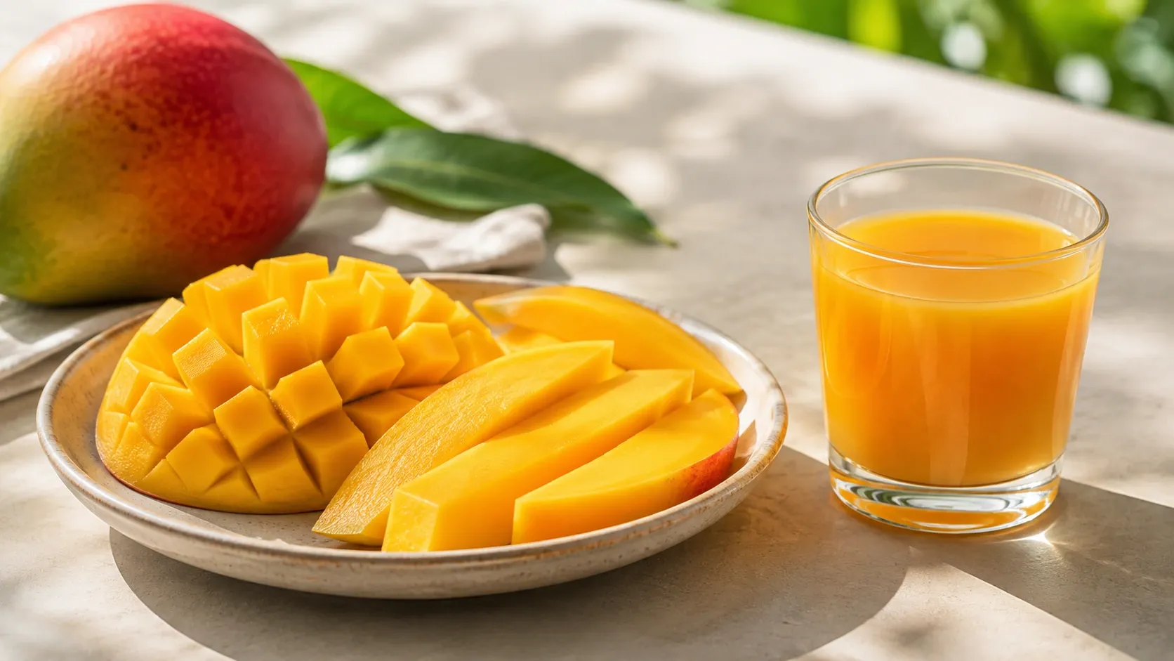 Fatias de manga fresca ao lado de um pequeno copo de suco de manga para comparação.