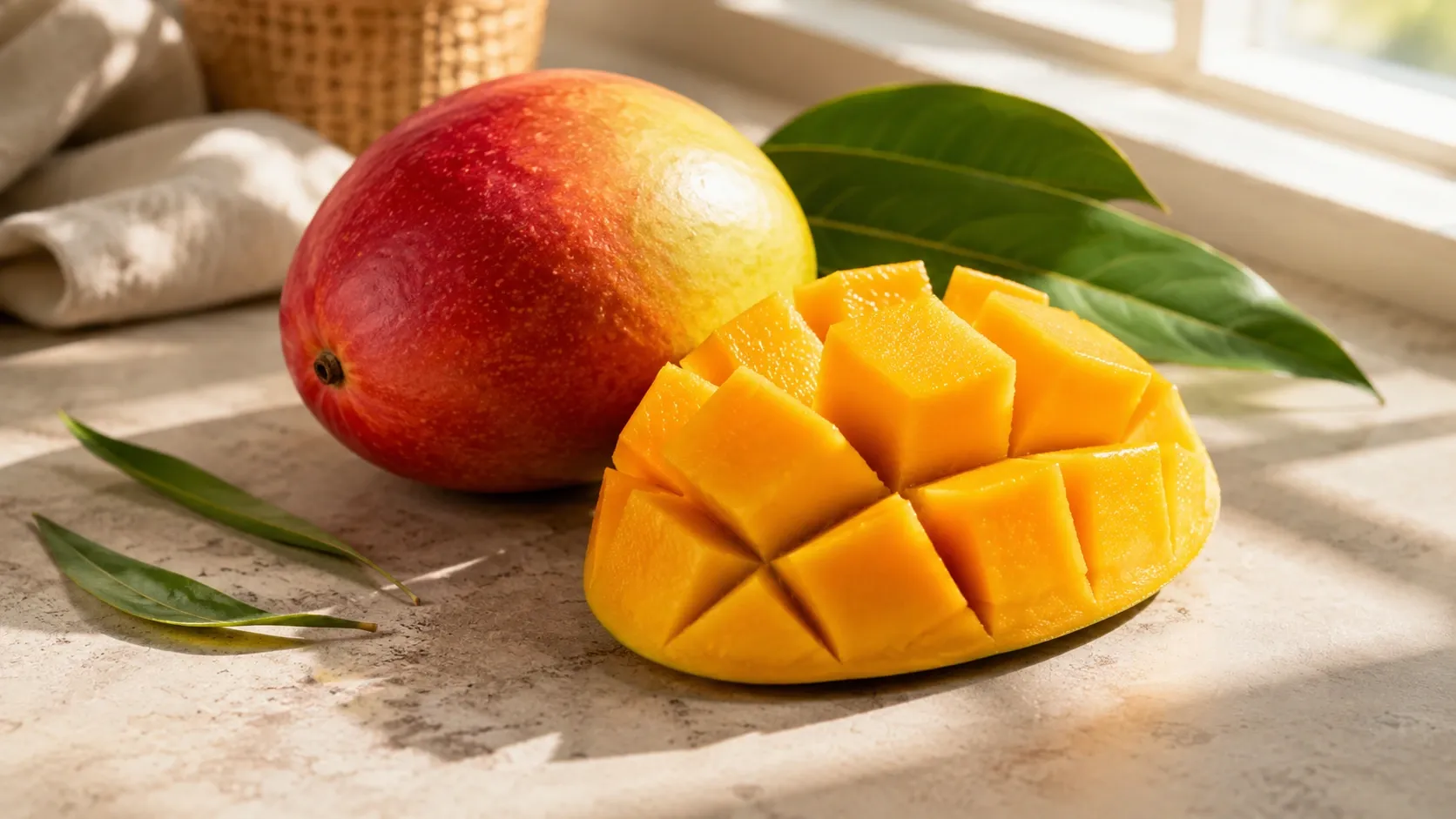 Manga madura cortada em cubos ao lado de uma fruta inteira sobre uma superfície clara.