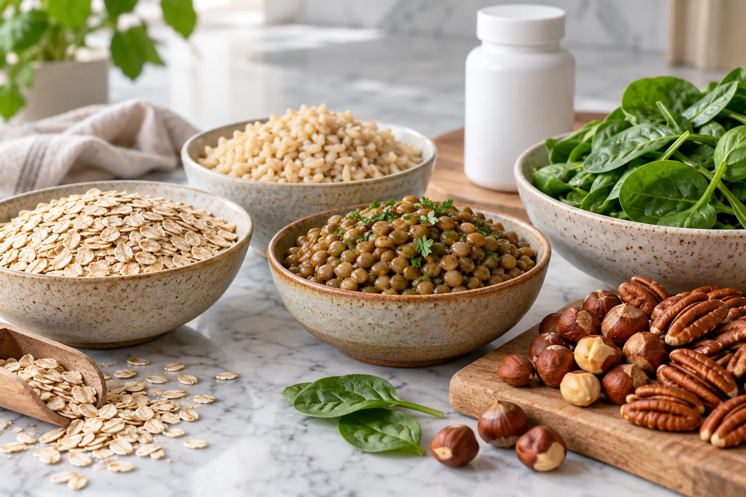 Alimentos ricos em manganês em primeiro plano e um frasco de suplemento sem identificação ao fundo.