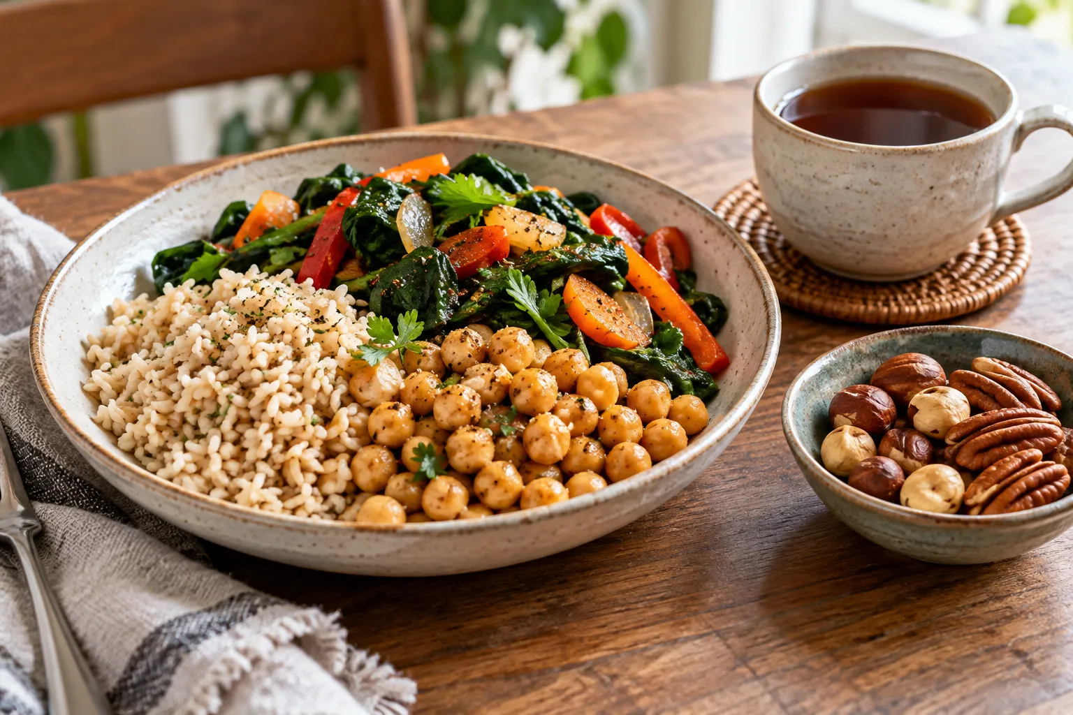 Refeição equilibrada com arroz integral, grão-de-bico, folhas verdes, oleaginosas e chá.