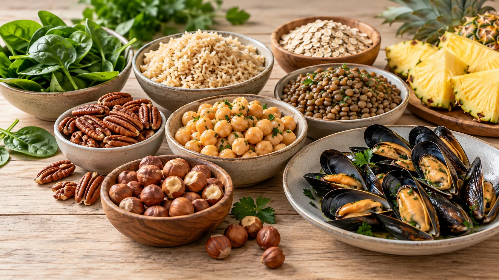 Alimentos fontes de manganês, como cereais integrais, nozes, leguminosas, espinafre e abacaxi, organizados sobre uma mesa.