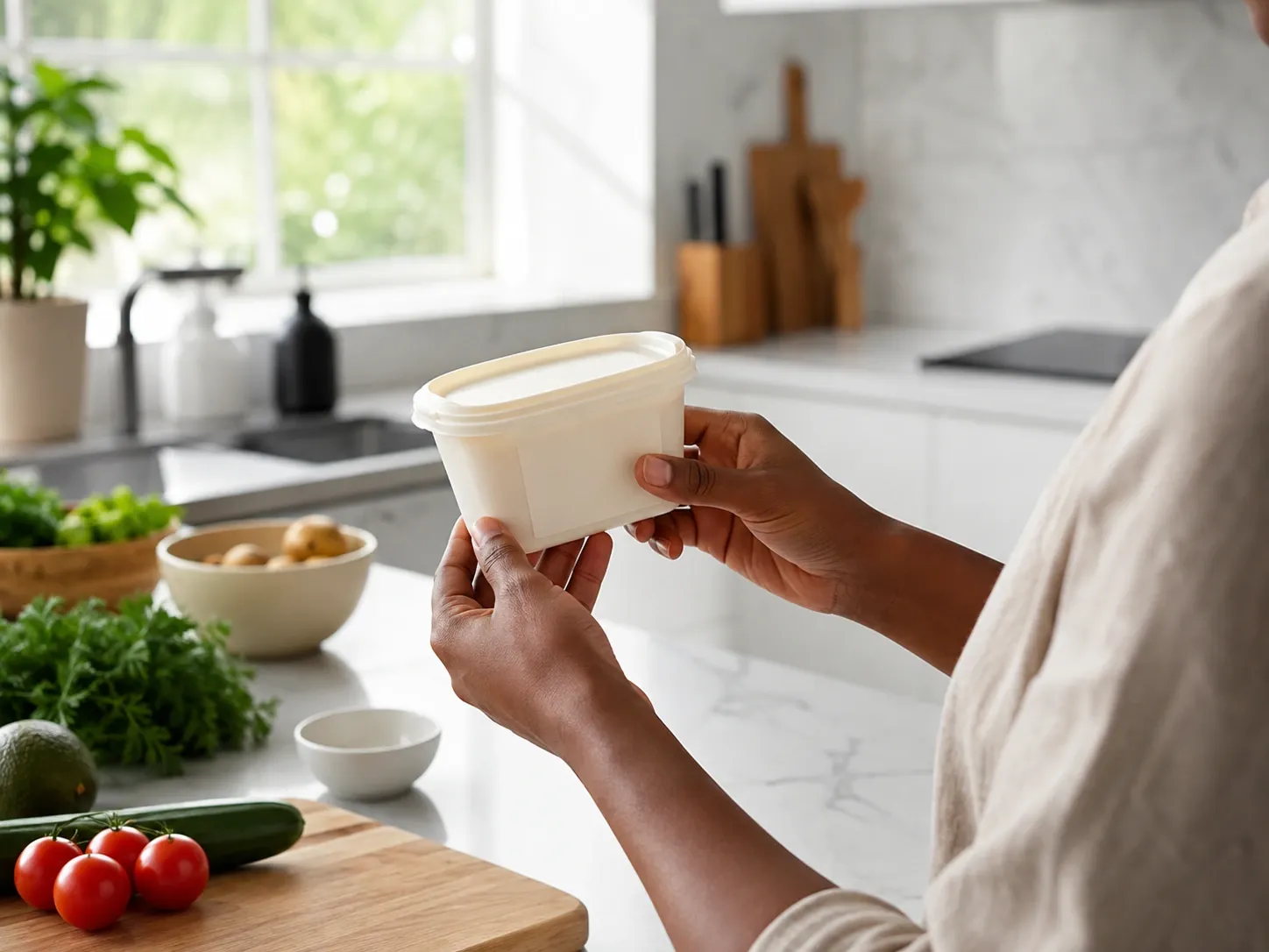 Pessoa examinando o rótulo nutricional de uma embalagem de creme vegetal sem marca.