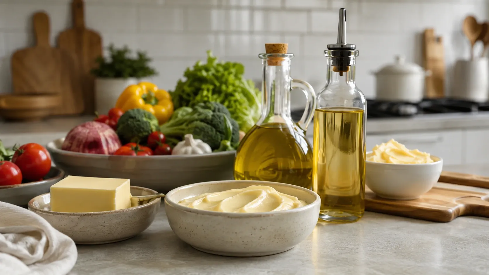 Manteiga, creme vegetal, azeite e óleo vegetal apresentados como diferentes opções para cozinhar.