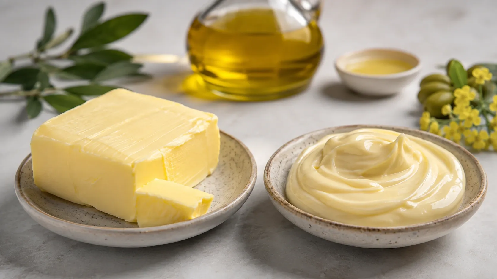 Manteiga e margarina servidas lado a lado, acompanhadas de azeite e óleos vegetais para representar diferentes perfis de gordura.