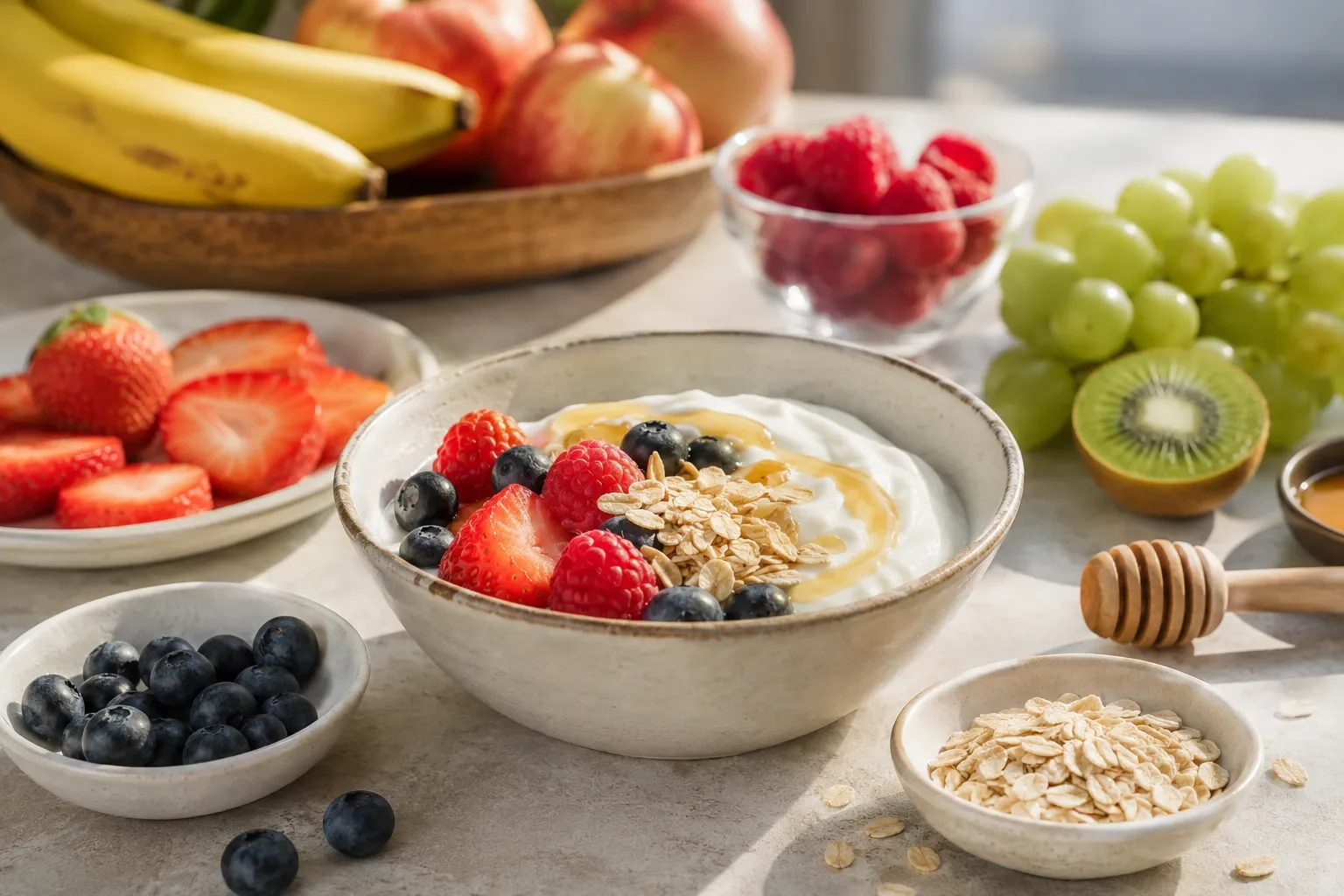 Iogurte natural com frutas, aveia e uma pequena quantidade de mel.
