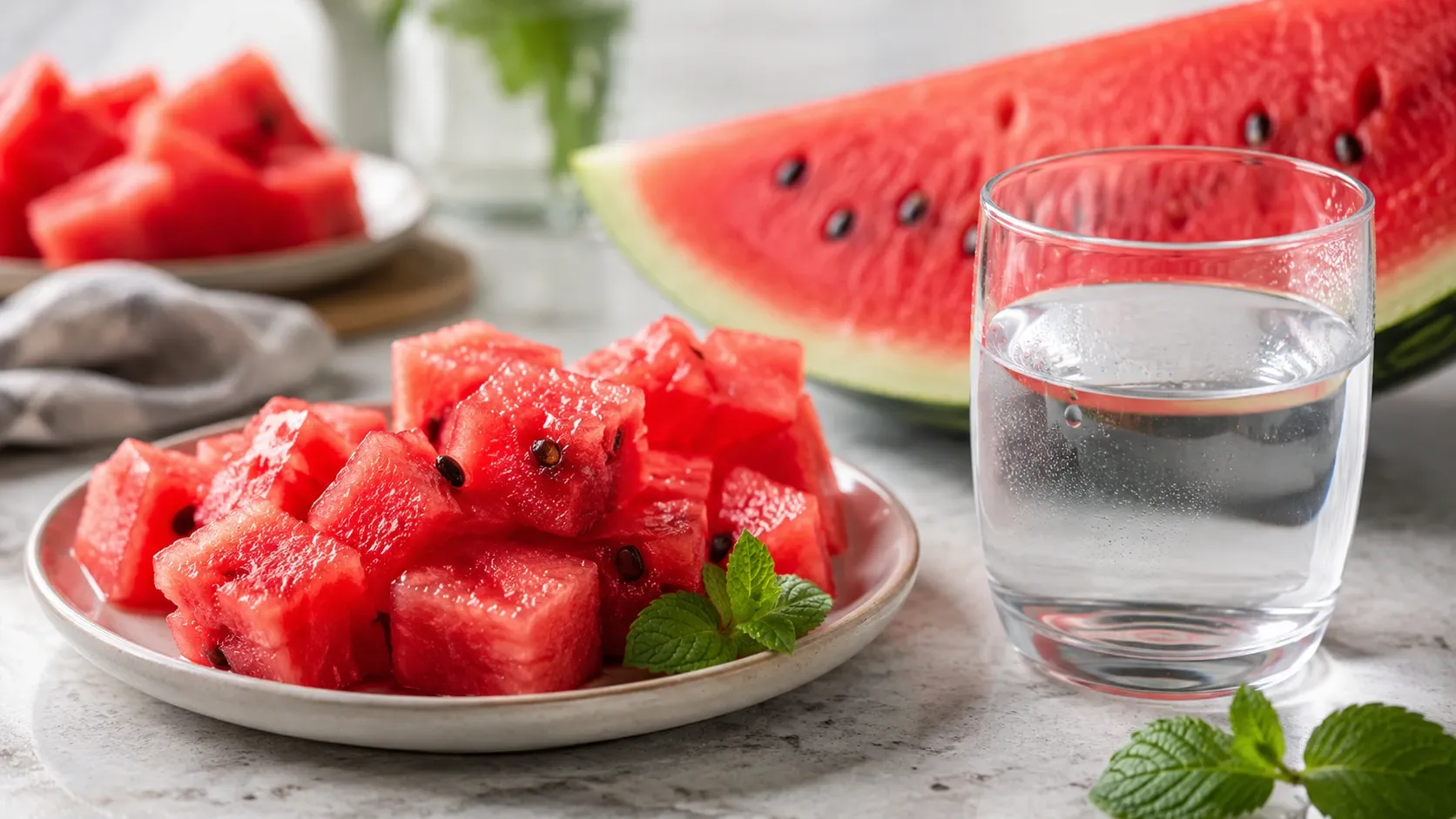 Cubos e fatias de melancia fresca próximos a um copo de água, representando o alto teor de água da fruta.