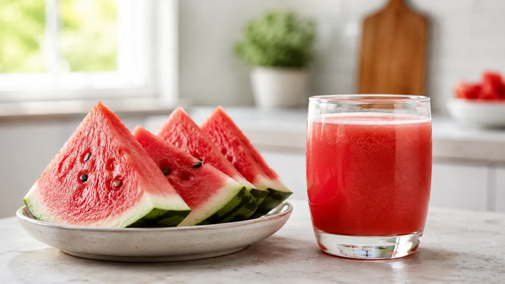 Fatias de melancia e um pequeno copo de suco de melancia apresentados lado a lado.