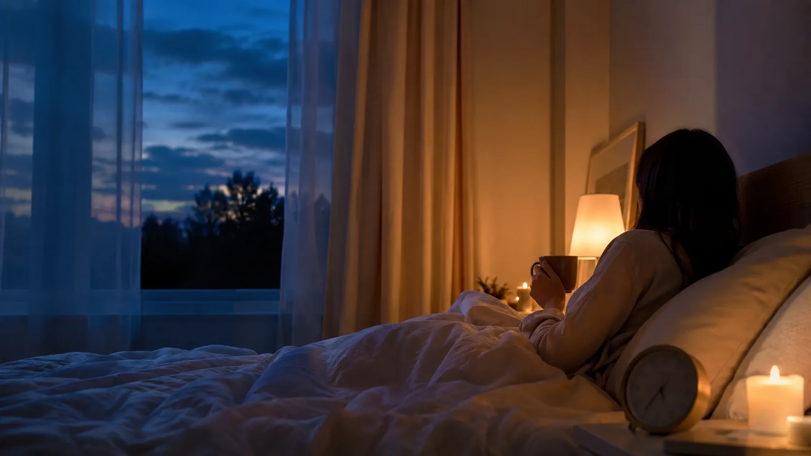 Pessoa relaxando em um quarto com iluminação suave ao anoitecer, representando o ritmo circadiano e a preparação natural para o sono.