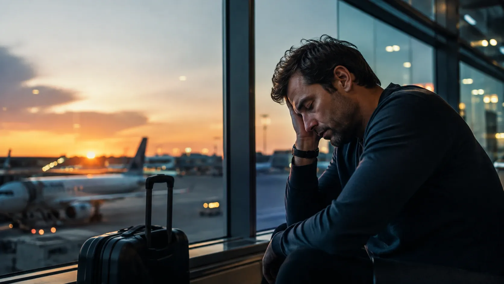 Viajante cansado em um aeroporto durante o amanhecer, representando jet lag e mudança de fuso horário.