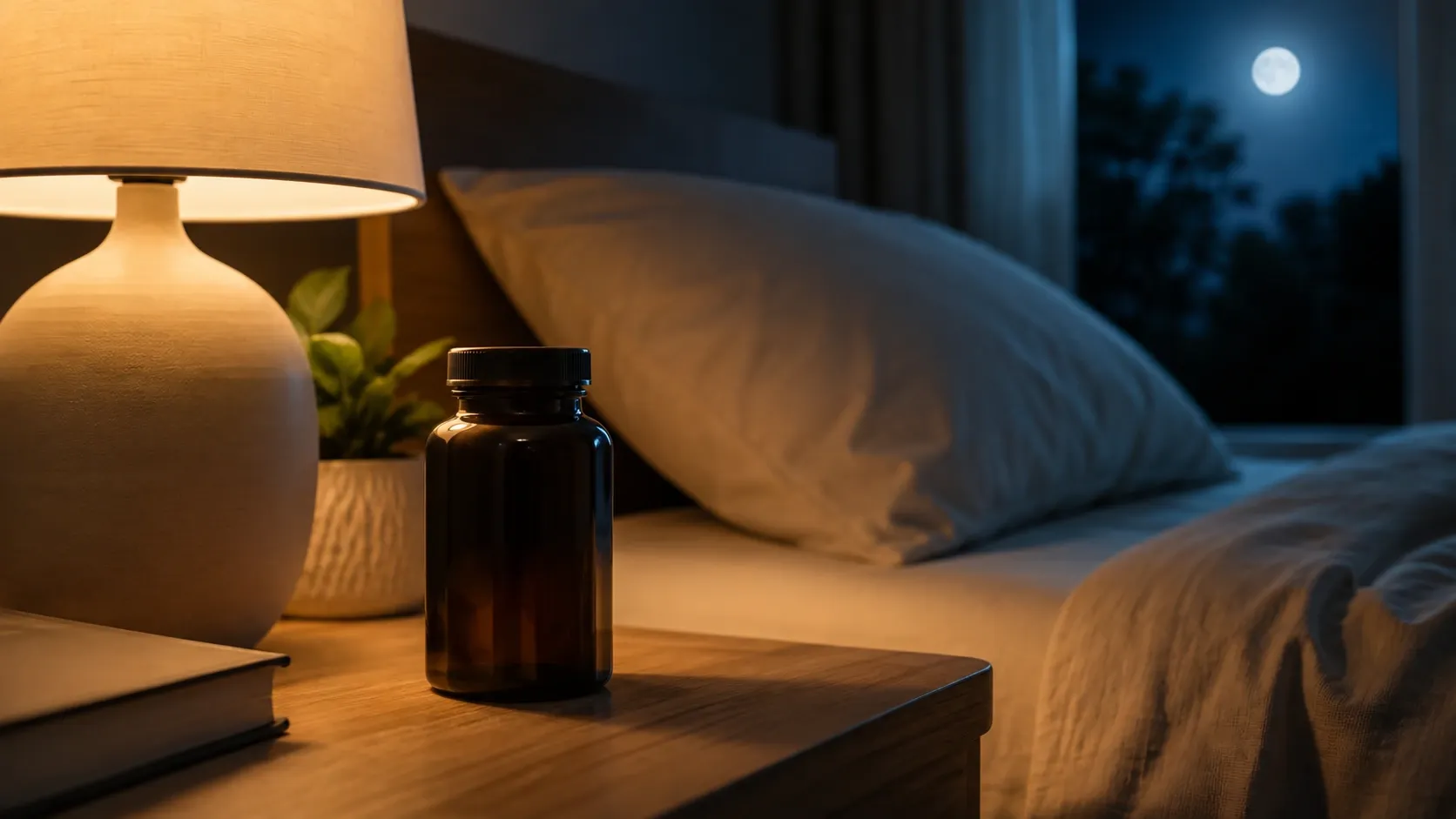Frasco sem marca de suplemento ao lado de uma cama em ambiente noturno, com iluminação suave e atmosfera tranquila.