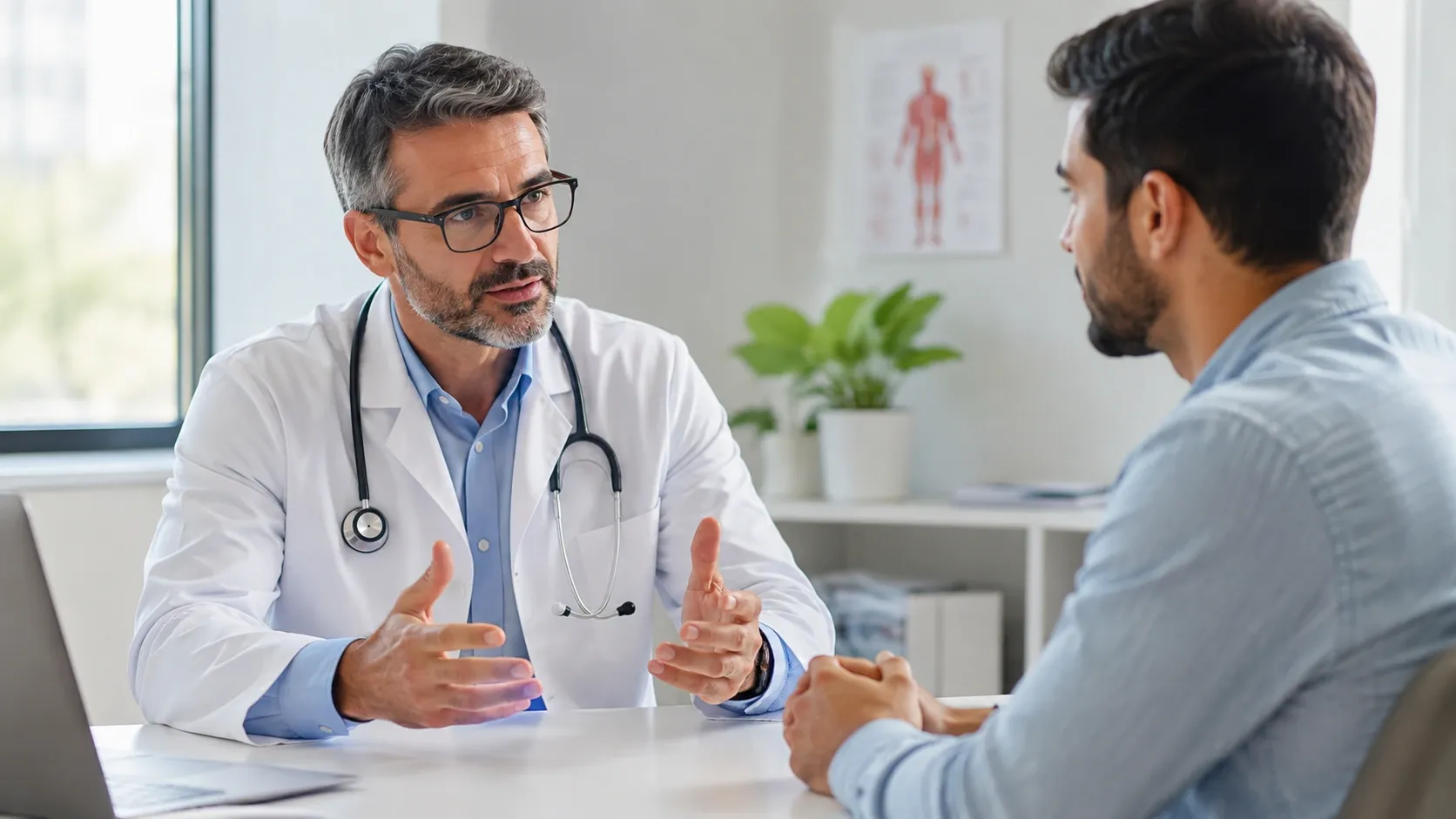 Paciente conversando com um médico durante uma avaliação de saúde.